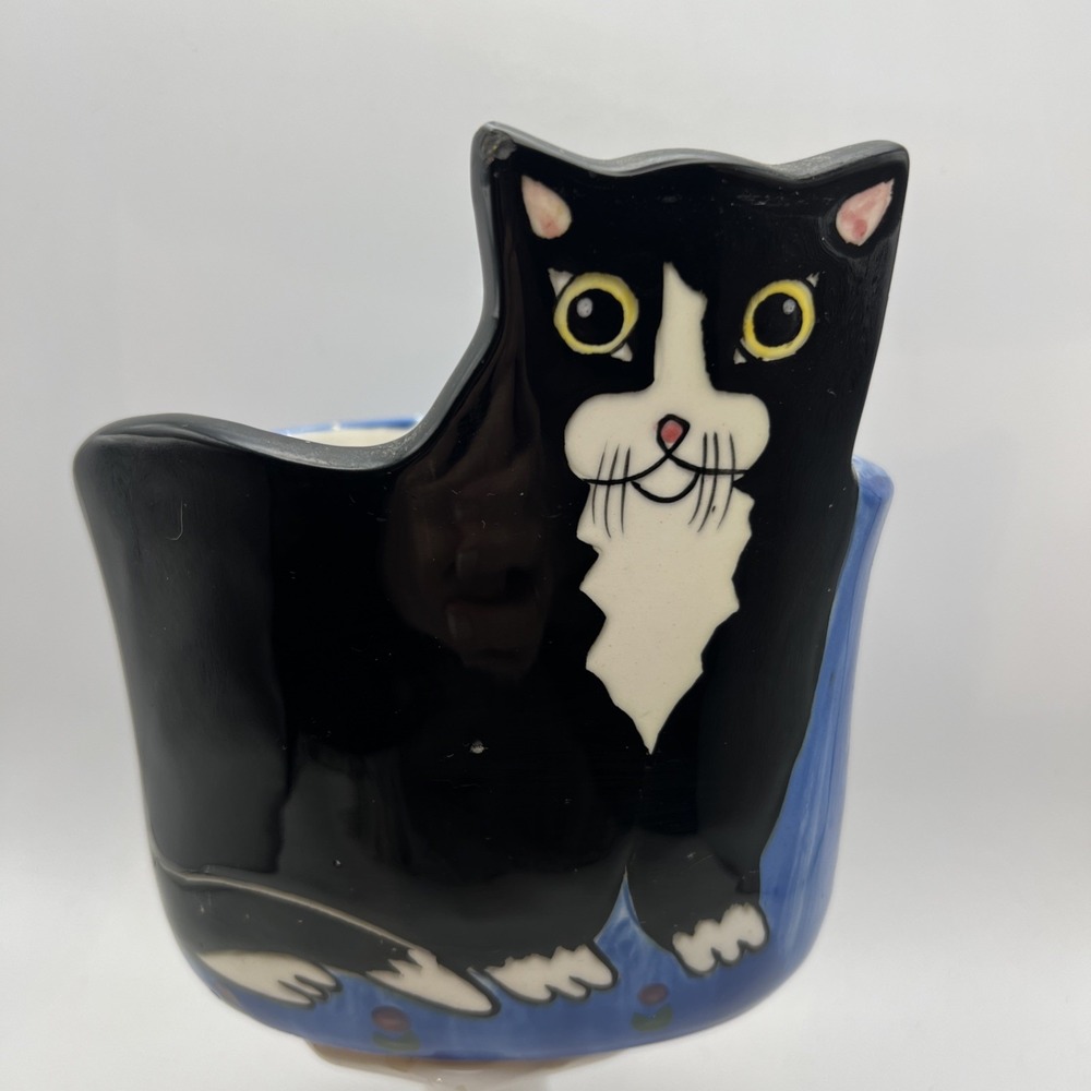 Andrea West For Sigma Hand Painted Black Tuxedo Cat Planter Container